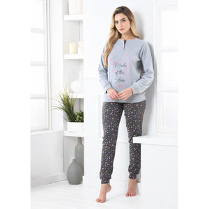 Pigiama donna caldo cotone invernale grigio stelline Biancaluna D3002