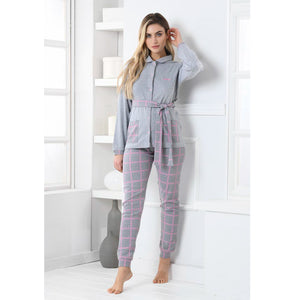 Pigiama donna caldo cotone a giacca grigio Biancaluna D3010