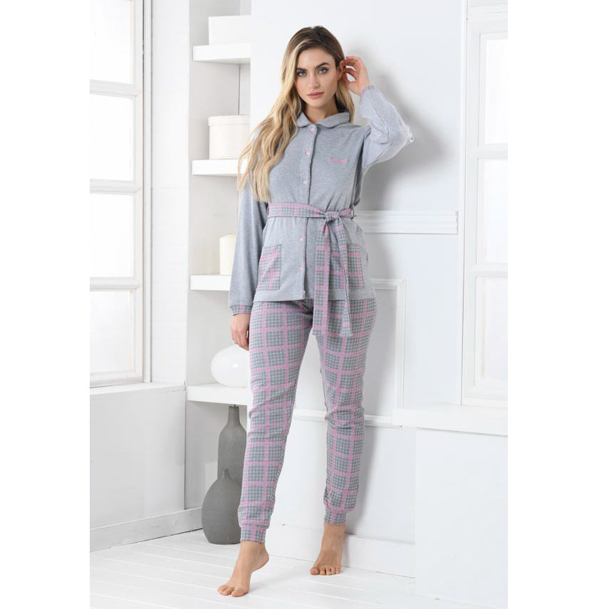 Pigiama donna caldo cotone a giacca grigio Biancaluna D3010