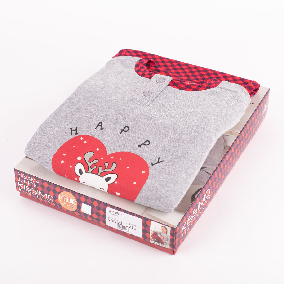 Pigiama bambina caldo cotone Biancaluna D3091 renna a scacchi