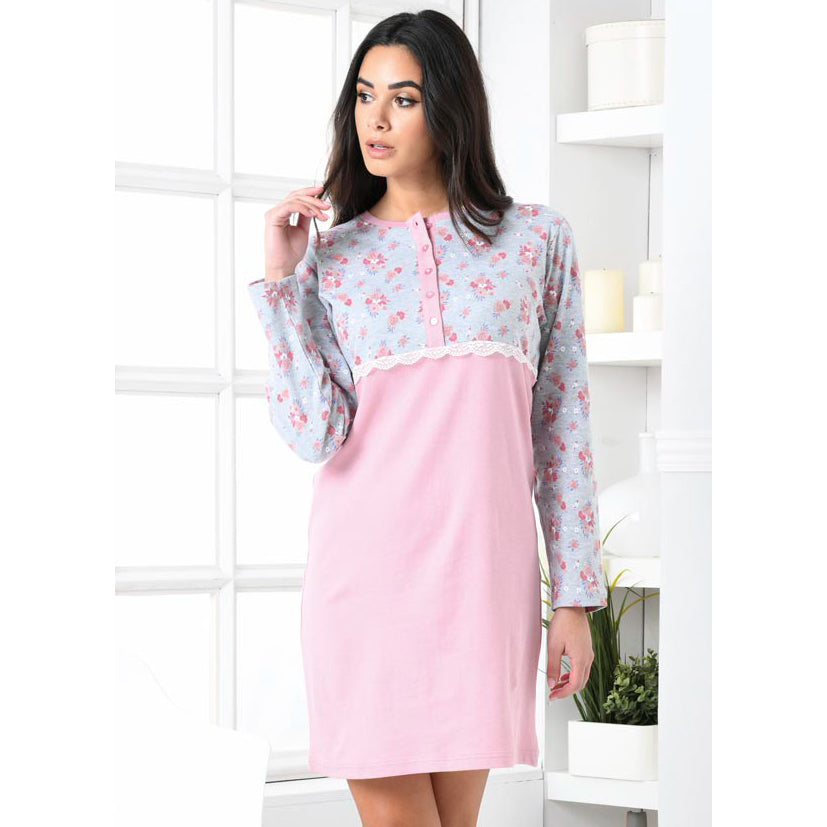 Camicia da notte caldo cotone fiori Biancaluna D2004 rosa
