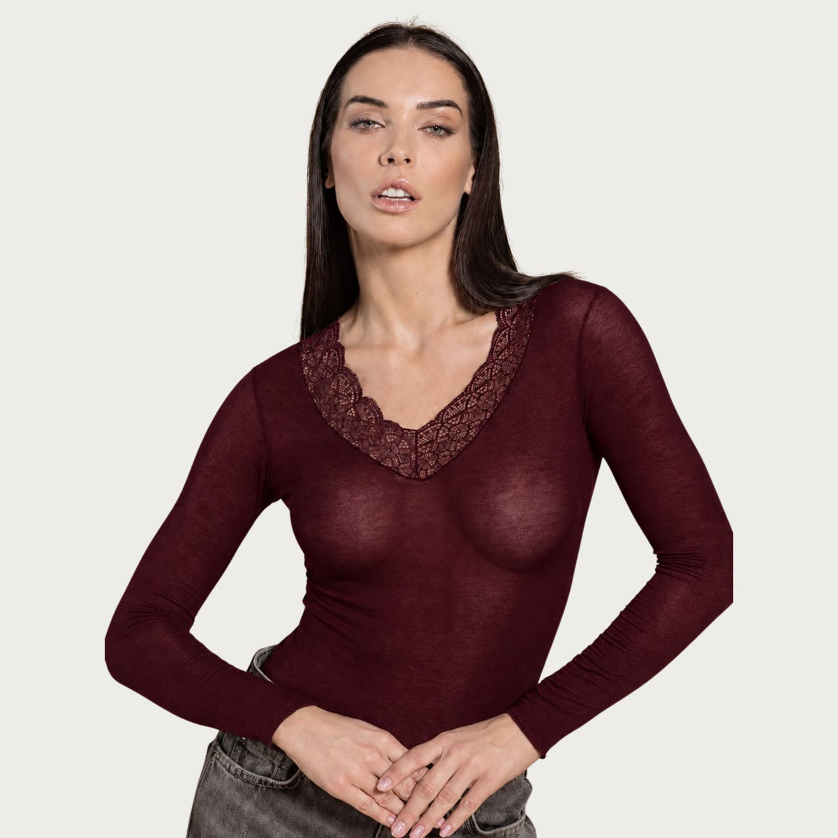Maglia donna scollo a V con pizzo in cashmere Biancaluna Perla
