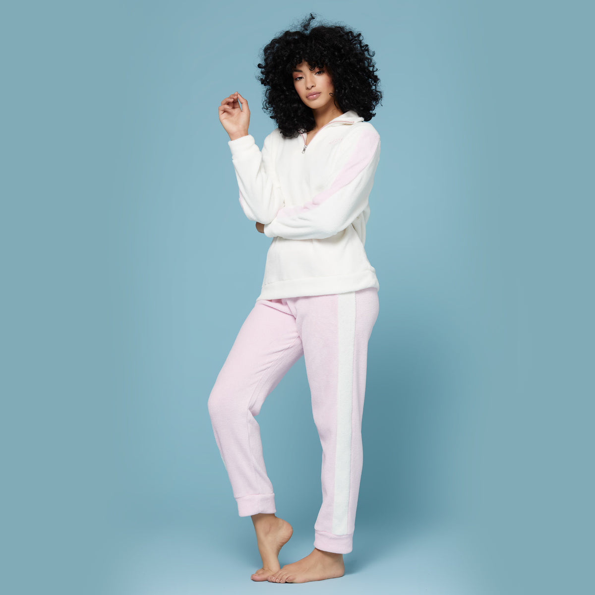 Pigiama donna coral caldissimo felpa mezza zip Kappa 21707 rosa panna