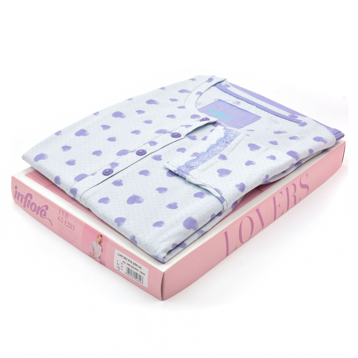 Pigiama donna cotone 100% Infiore 1283 cuori celeste lilla