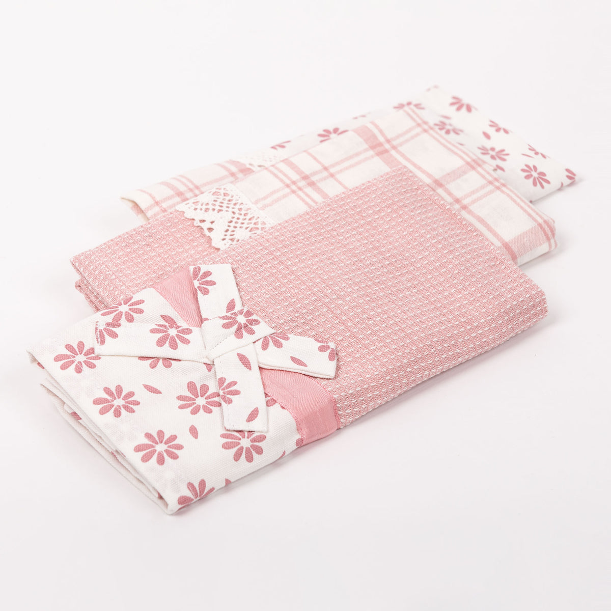 Set da 3 strofinacci Preziosa Melanie rosa 100% cotone con pizzo