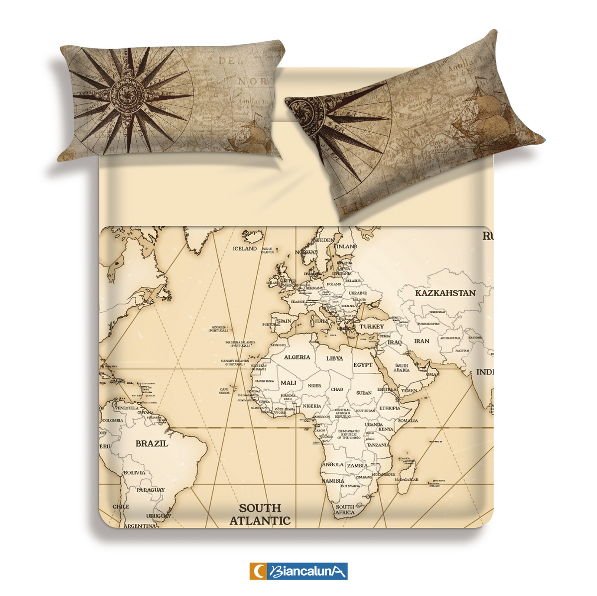 Lenzuola letto cartina Biancaluna set 4 pezzi Monde sabbia
