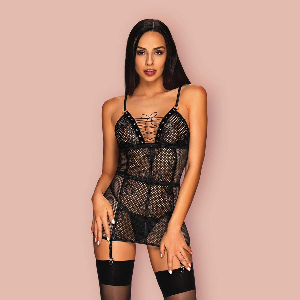 Chemise in sexy pizzo rete + reggicalze removibile + perizoma Obsessive Basitta