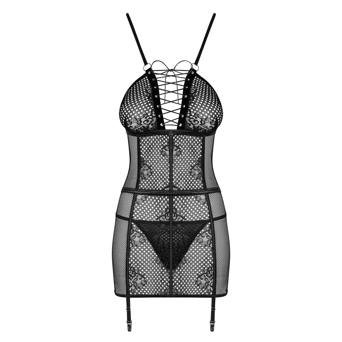 Chemise in sexy pizzo rete + reggicalze removibile + perizoma Obsessive Basitta