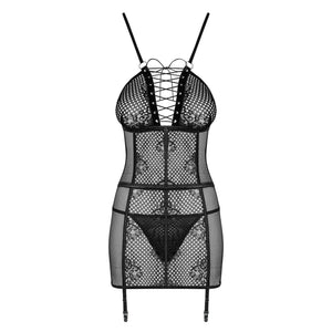 Chemise in sexy pizzo rete + reggicalze removibile + perizoma Obsessive Basitta