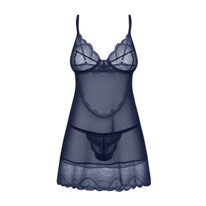 Sottoveste + perizoma pizzo e tulle Obsessive Nightly Blue Chemise