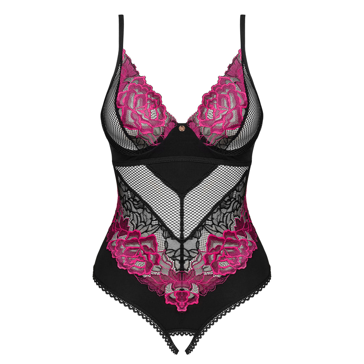 Body teddy sexy pizzo e rete crotchless fucsia Obsessive Rosenty