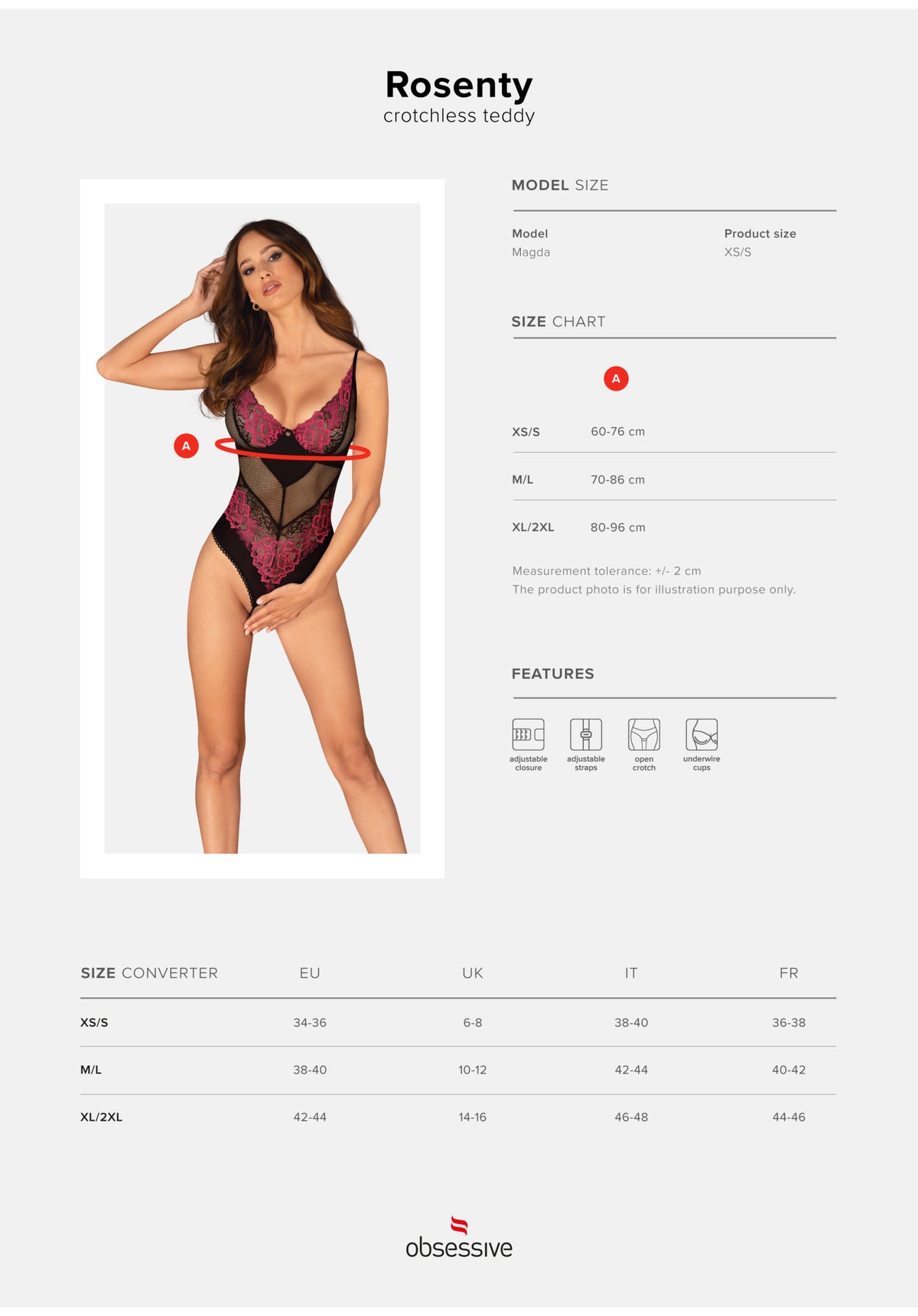 Body teddy sexy pizzo e rete crotchless fucsia Obsessive Rosenty