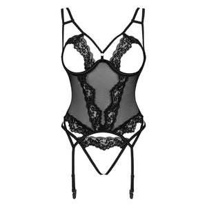 Corsetto con ferretto + perizoma seno cavallo aperto + reggicalze Setilla Obsessive