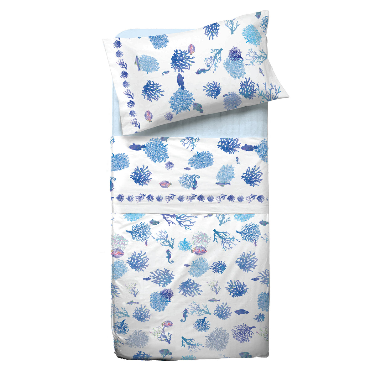 Completo letto Pompea Oceano lenzuola sopra sotto con angoli federa blu