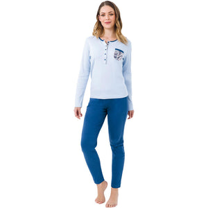Pigiama donna caldo cotone con taschino Il Granchio GP6002 azzurro