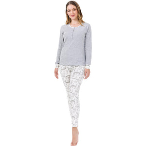 Pigiama donna caldo cotone grigio panna fantasia Il Granchio GP6006