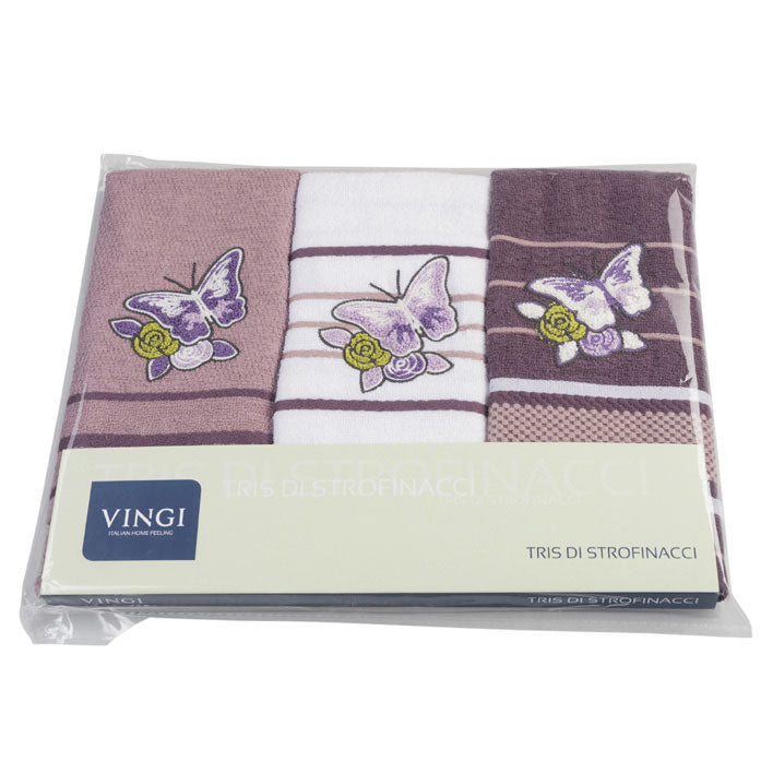 Vingi set 3 strofinacci in spugna di cotone Rossella viola
