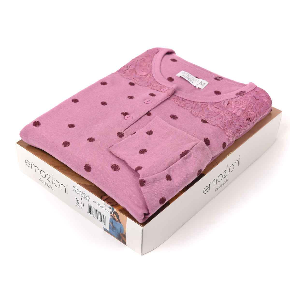 Pigiama donna invernale Karelpiù SE3400 caldo cotone pois pizzo malva