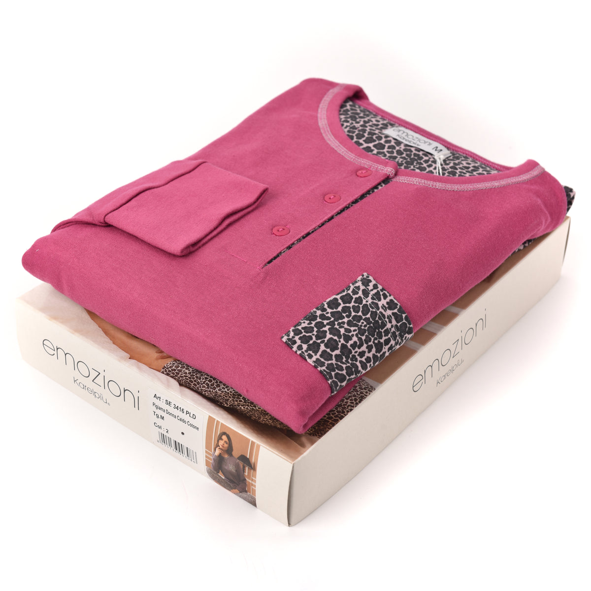 Pigiama donna invernale Karelpiù SE3416 caldo cotone leopardato fucsia