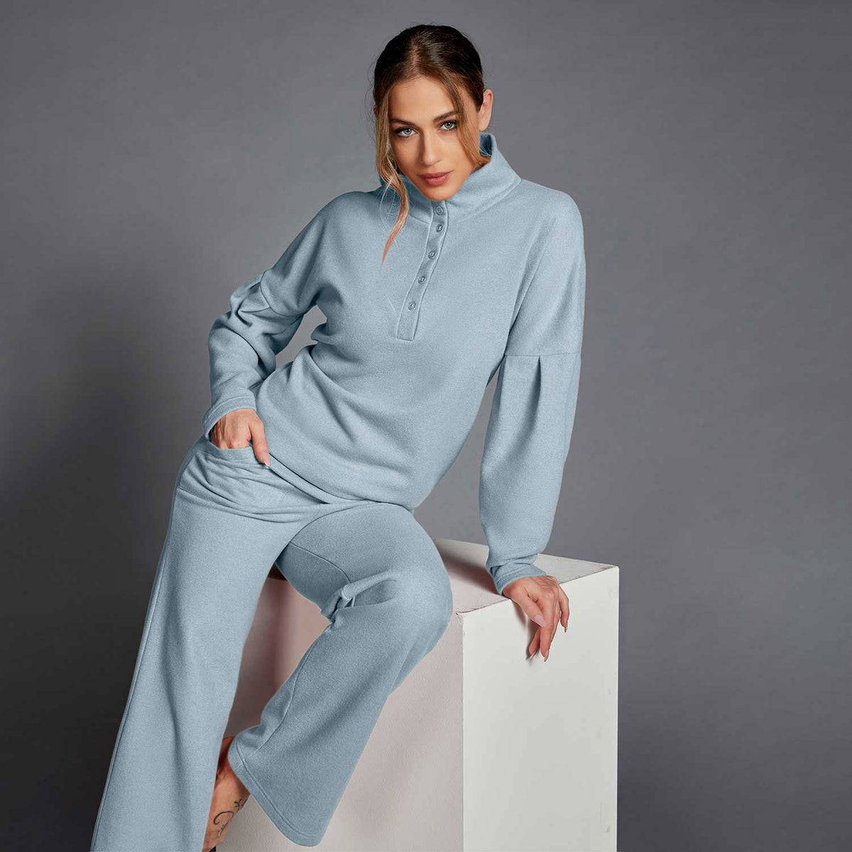 Pigiama donna punto milano maniche a sbuffo Lunatica celeste 52147
