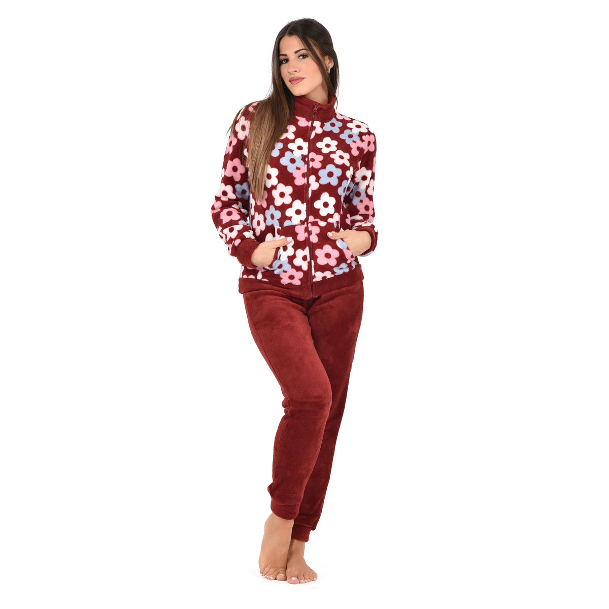 Pigiama donna invernale Biancaluna 23D93013 in pile coral fiori