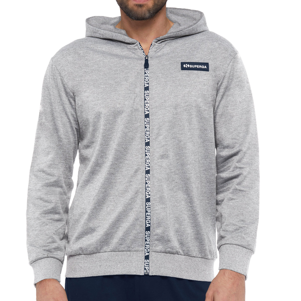 Tuta uomo cotone Superga full zip cappuccio SMS23104 grigio melange blu