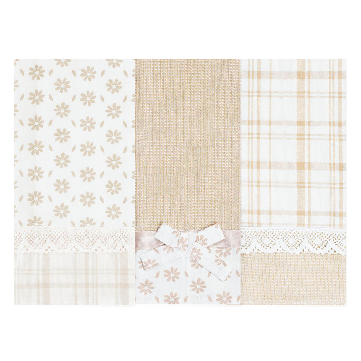 Set da 3 strofinacci Preziosa Melanie beige 100% cotone con pizzo