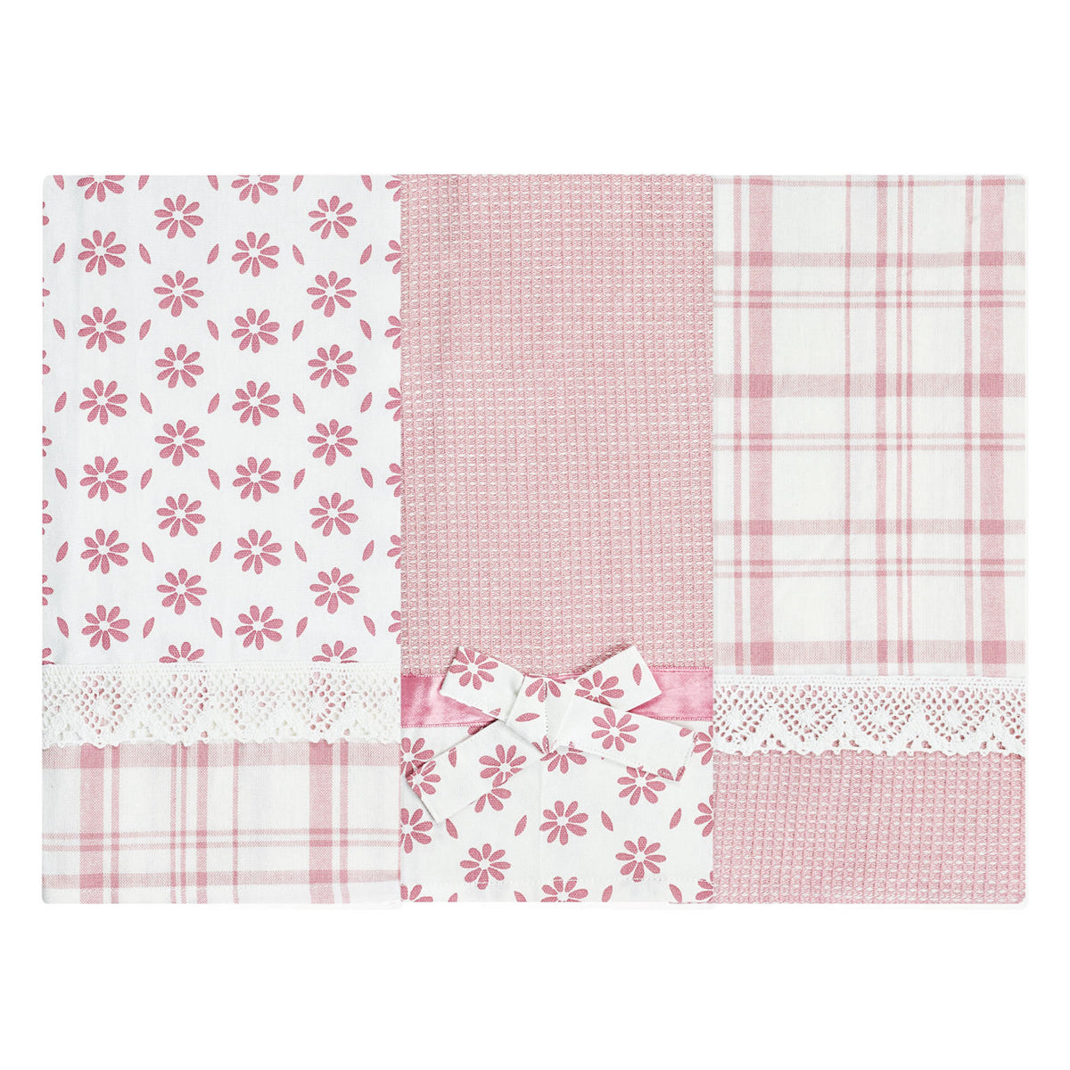 Set da 3 strofinacci Preziosa Melanie rosa 100% cotone con pizzo