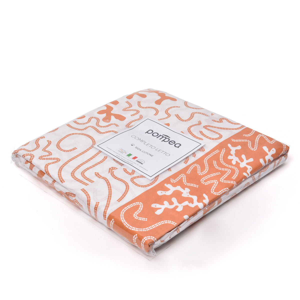 Completo letto Pompea Swirl lenzuola sopra sotto con angoli federa arancio