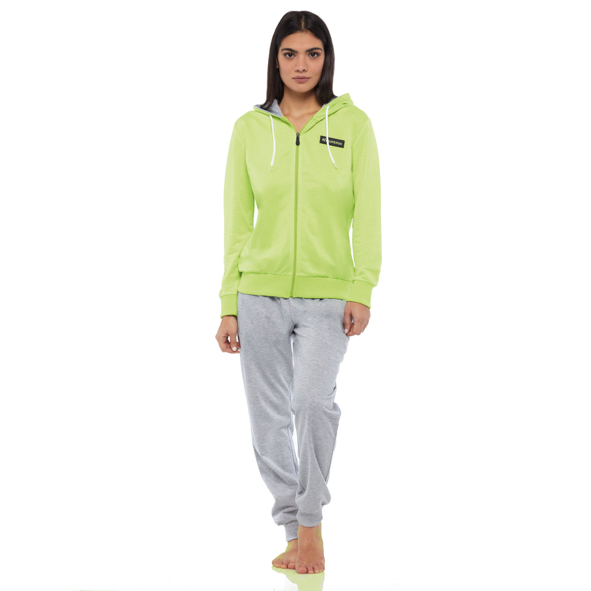 Tuta donna Superga cotone SWS23204 con cappuccio lime grigio melange
