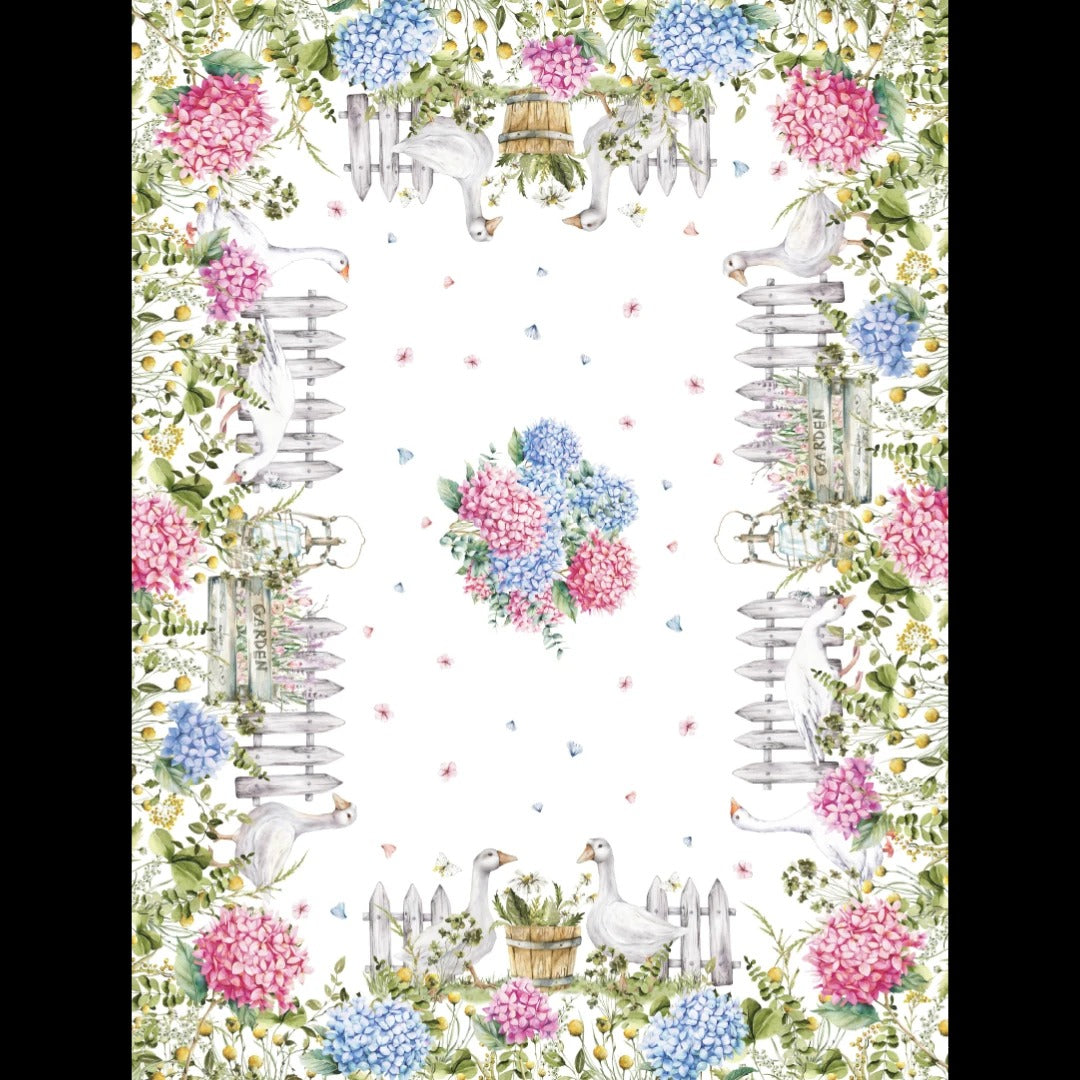 Tovaglia 100% cotone con ortensie e paperelle Vingi Tiffany dis. 25