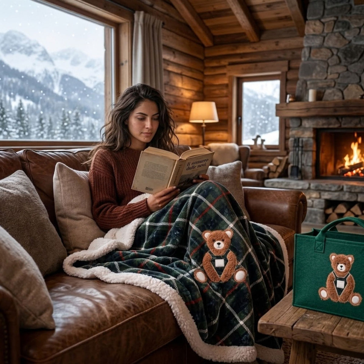 Bag + coperta tartan ciniglia e sherpa orsetto Zambaiti trousse