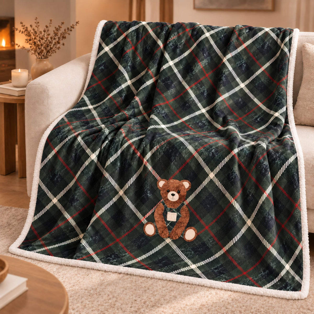 Bag + coperta tartan ciniglia e sherpa orsetto Zambaiti trousse