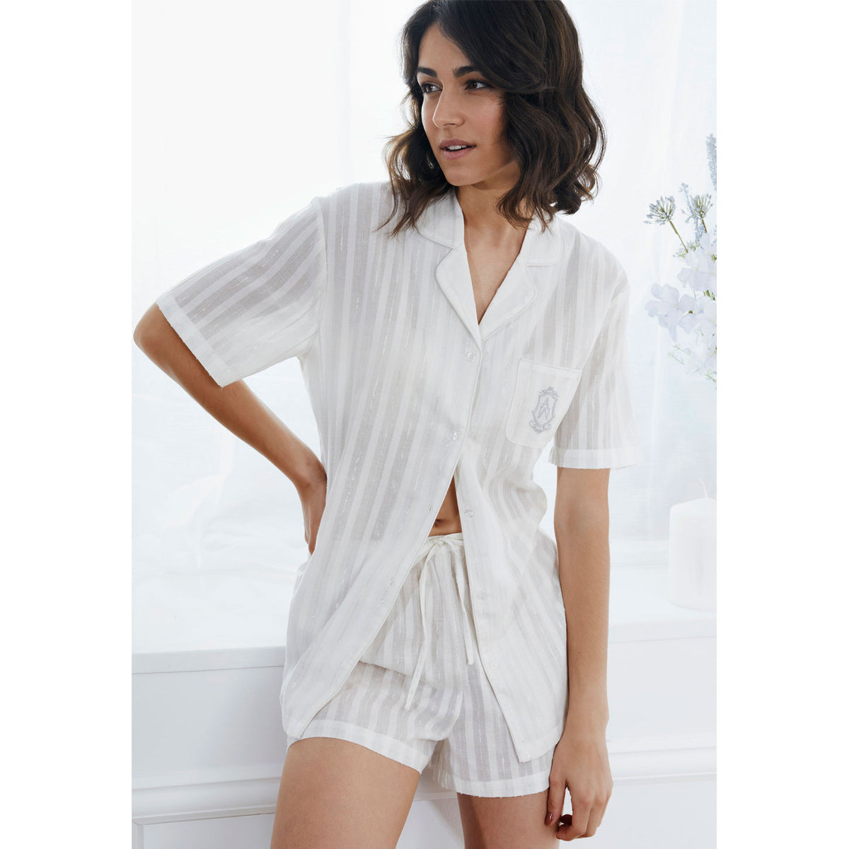 Pigiama donna corto aperto Admas 55111 perla cotone