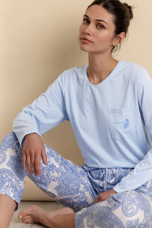 Pigiama donna Admas 60135 cotone celeste bianco