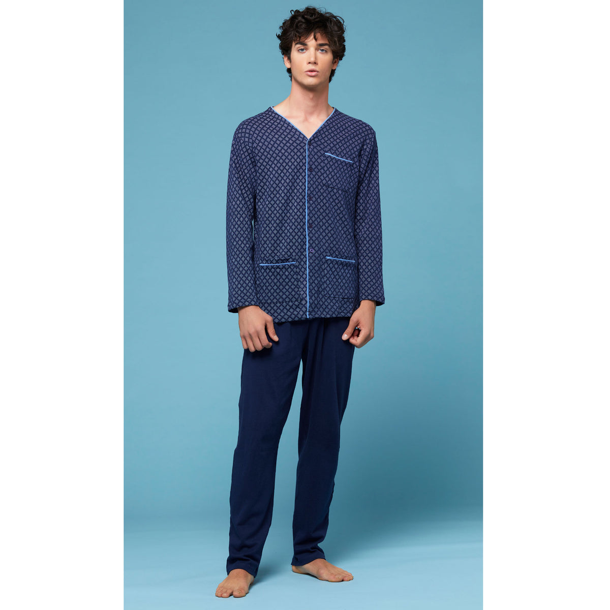 Pigiama uomo aperto a giacca caldo cotone Cippi 1581 blu