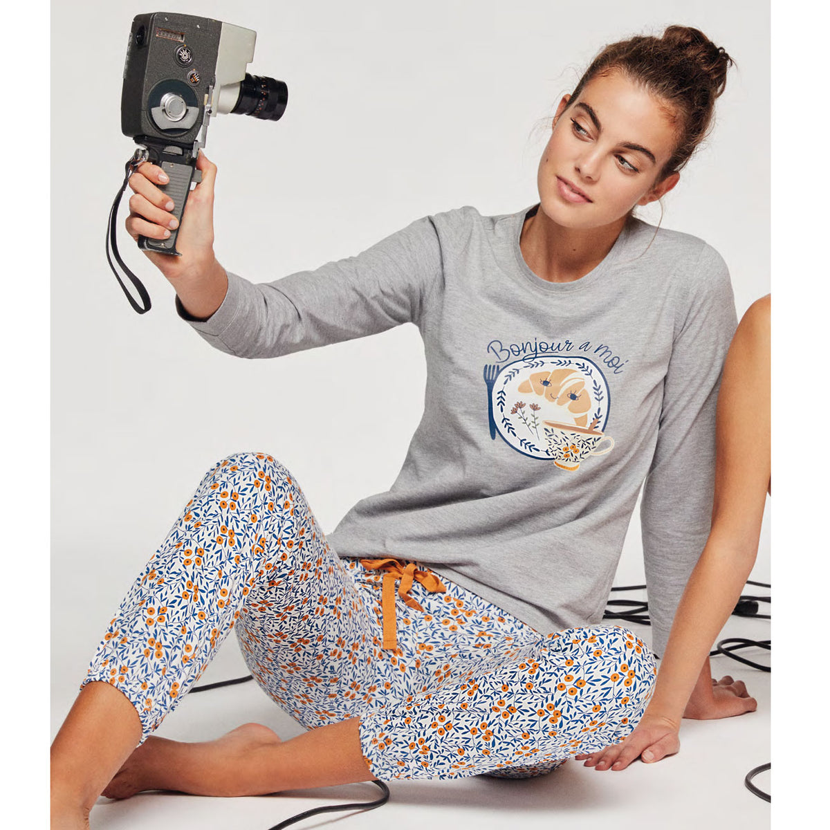 Pigiama donna floreale grigio caldo cotone Gisela 2/1823