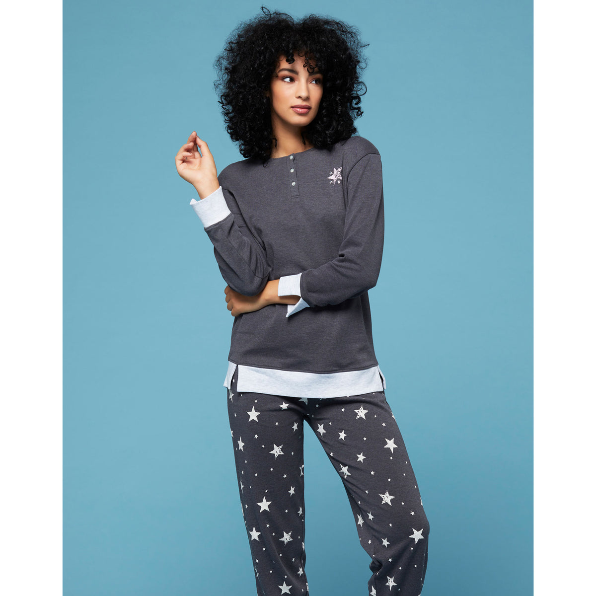 Pigiama donna Cippi 2166 stelline caldo cotone antracite melange