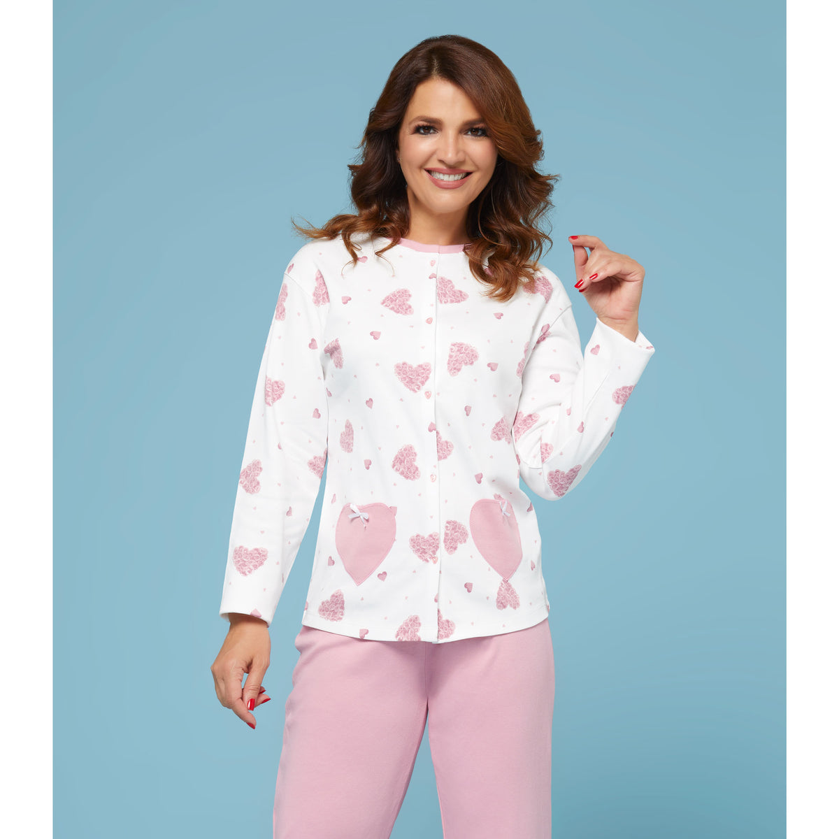 Pigiama donna aperto maglia con bottoni caldo cotone rosa Cippi 2173