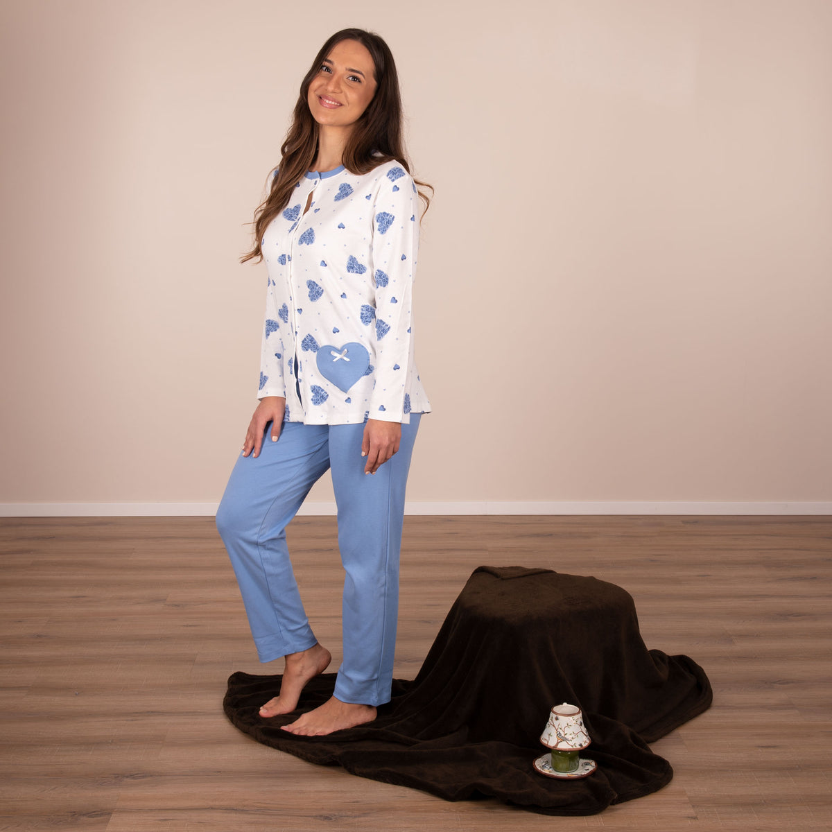 Pigiama donna aperto con bottoncini caldo cotone celeste Cippi 2173