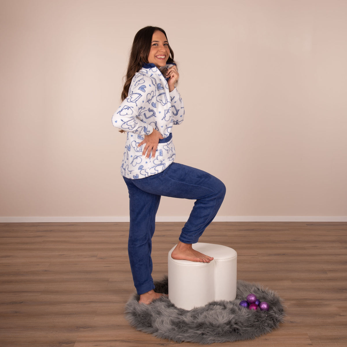 Pigiama donna coral caldo soffice cuori Cippi 2204 panna azzurro
