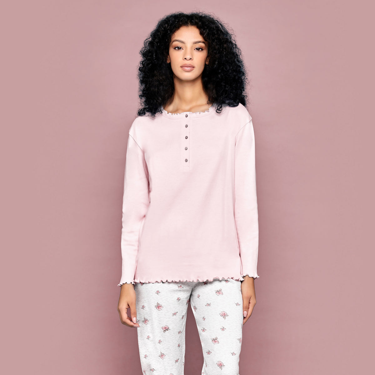 Pigiama donna invernale Cippi 2222 caldo cotone cipria fiori