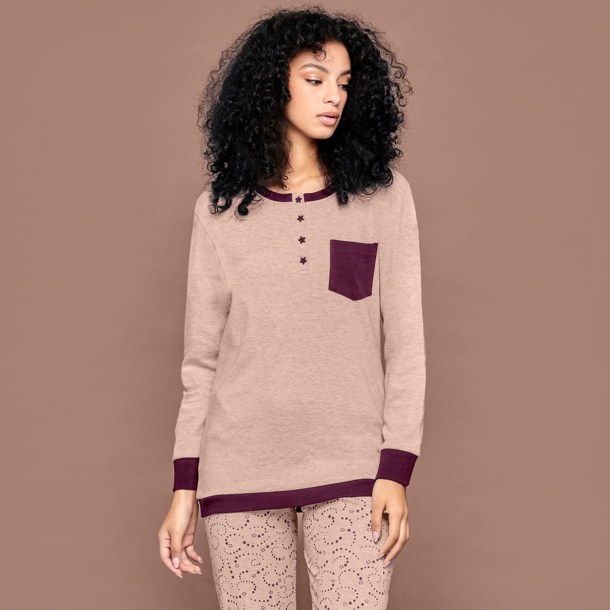 Pigiama donna invernale Cippi 2225 caldo cotone rosa melange stelline