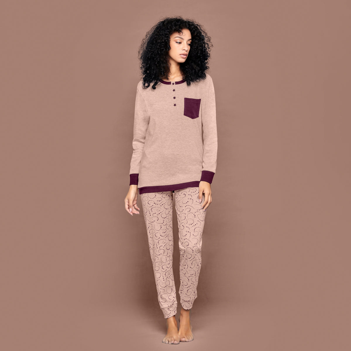 Pigiama donna invernale Cippi 2225 caldo cotone rosa melange stelline