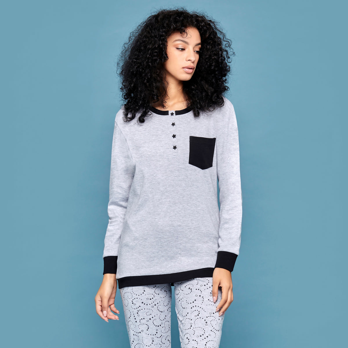 Pigiama donna invernale Cippi 2225 caldo cotone grigio melange stelline