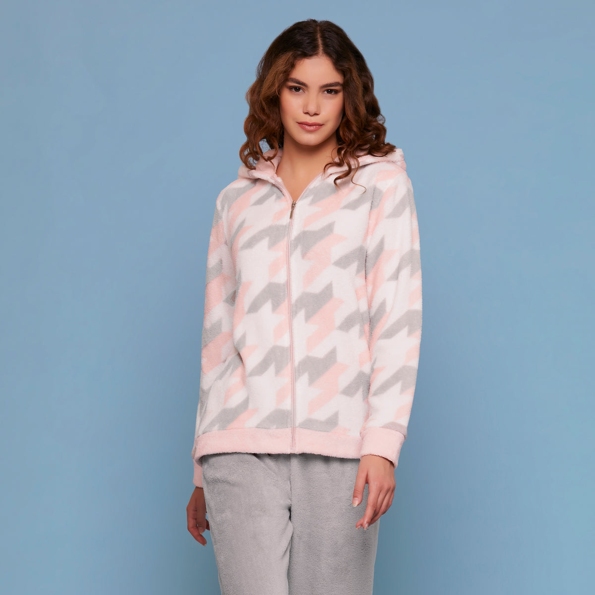 Pigiama donna aperto con zip e cappuccio coral grigio Cippi 2254