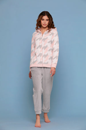 Pigiama donna aperto con zip e cappuccio coral grigio Cippi 2254