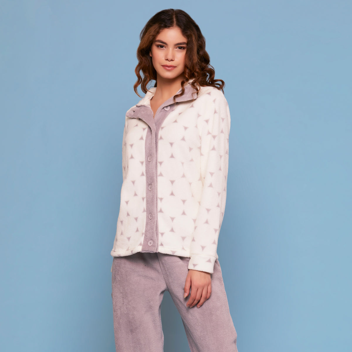 Pigiama completo donna aperto con bottoni panna e grigio Cippi 2260