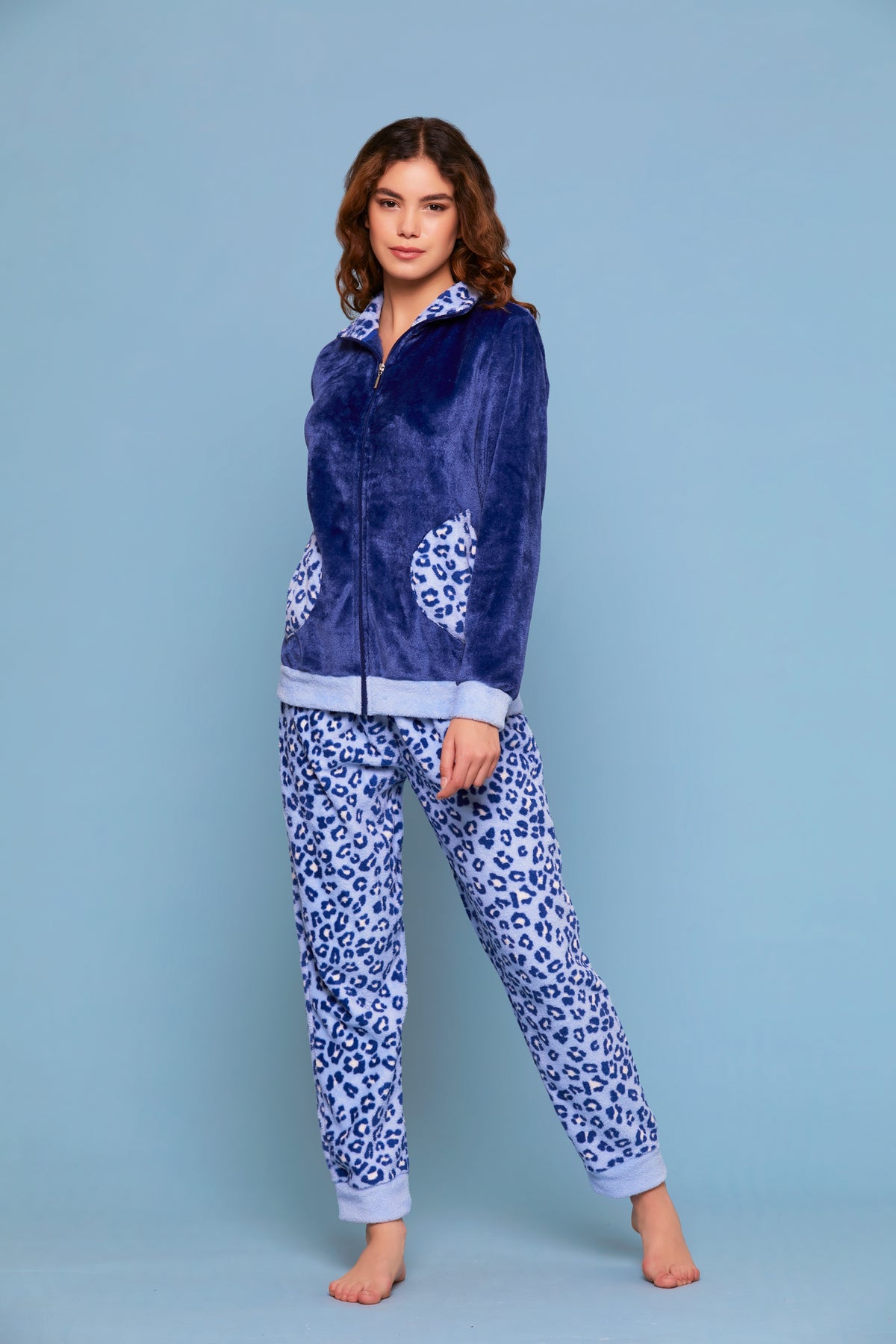 Pigiama donna aperto con zip animalier coral blu Cippi 2269