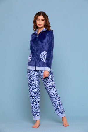 Pigiama donna aperto con zip animalier coral blu Cippi 2269